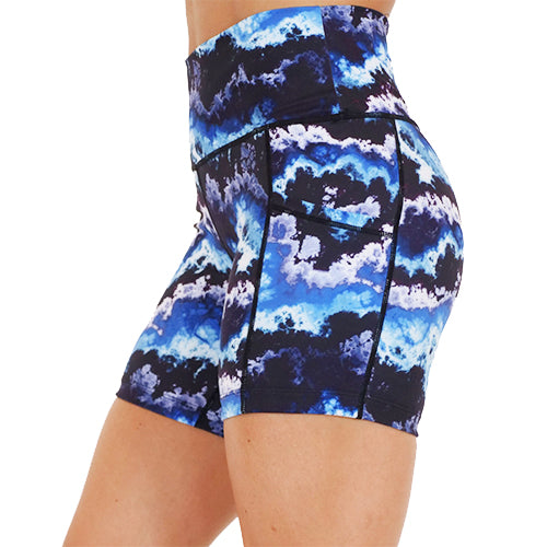side view of 5 inch navy, teal and white tie dye shorts 