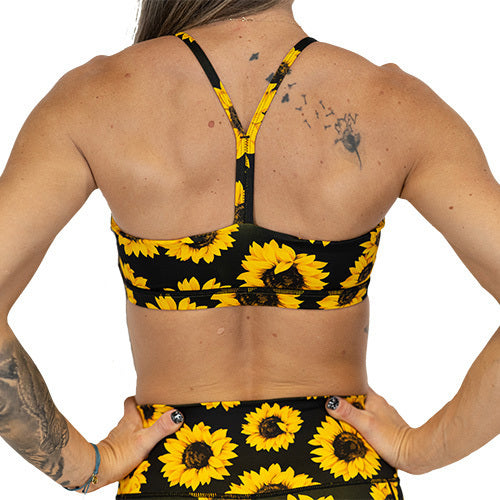 back view of Y strap design on sunflower sports bra