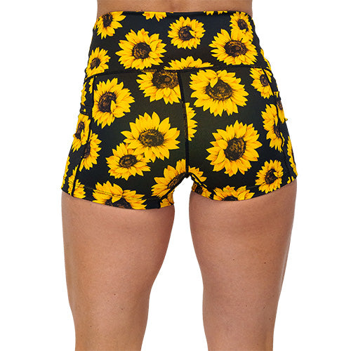 back view of sunflower pattern on 2.5 inch shorts