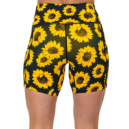 back view of sunflower pattern on 5 inch shorts