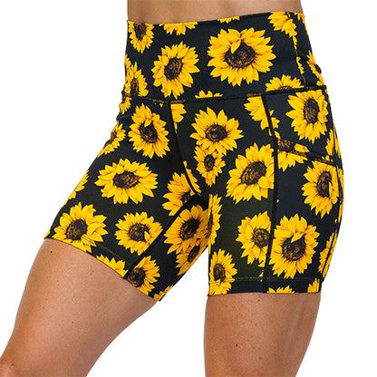front view of sunflower pattern on 5 inch shorts