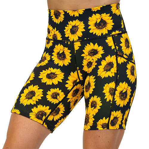 front view of yellow flower pattern on 7 inch shorts against a white background
