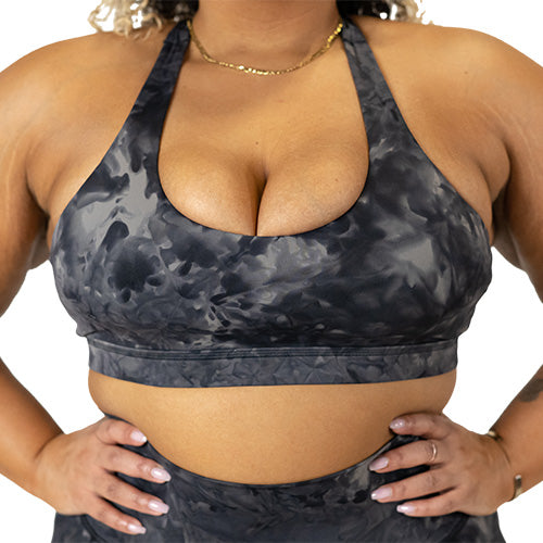 front view of charcoal colored tie dye butterfly back bra