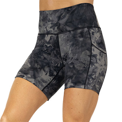 front view of 5 inch charcoal colored tie dye shorts
