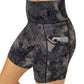 side pocket view of 7 inch charcoal colored tie dye shorts