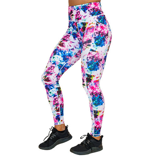 side view of full length pink, blue, yellow and white tie dye print leggings