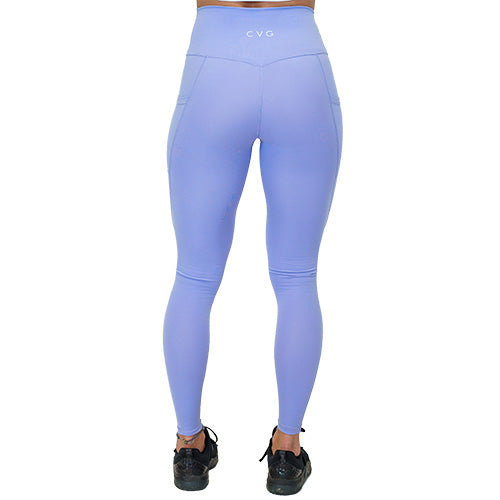 back view of full length solid periwinkle colored leggings