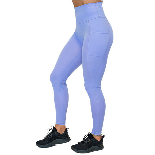 side view of full length solid periwinkle colored leggings