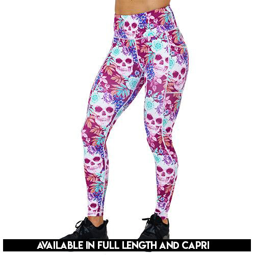 skull and flower patterned leggings available in full and capri length