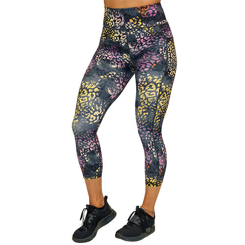 capri length grey, yellow and pink cheetah print leggings