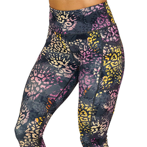 close up of grey, yellow and pink cheetah print leggings