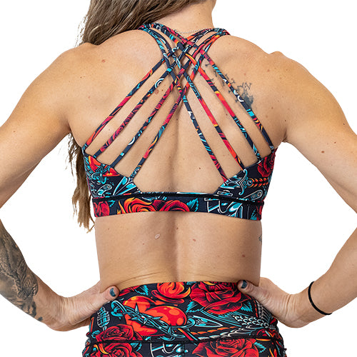 back view of butterfly back strap design on the bra
