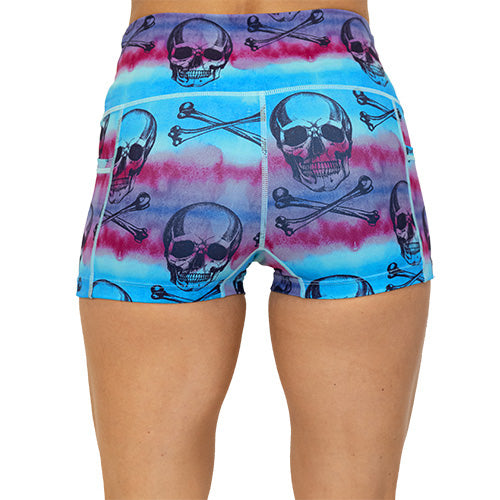 back view of blue, purple and pink watercolor and skull design on 2.5 inch shorts 