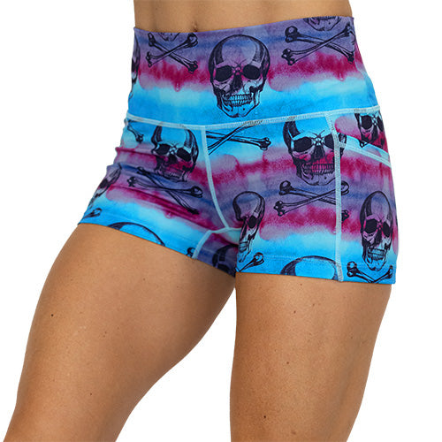 front view of blue, purple and pink watercolor and skull design on 2.5 inch shorts 