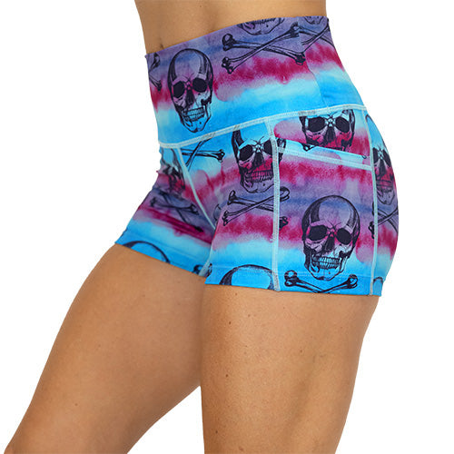 side view of blue, purple and pink watercolor and skull design on 2.5 inch shorts