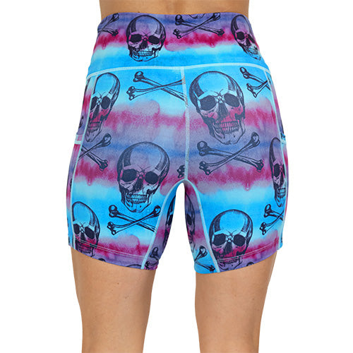 back view of blue, purple and pink watercolor and skull design on 5 inch shorts