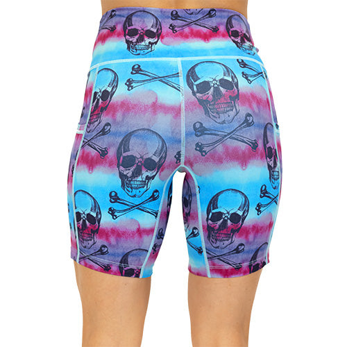 back view of blue, purple and pink watercolor and skull design on 7 inch shorts
