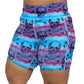 front view of blue, purple and pink watercolor and skull design on 7 inch shorts