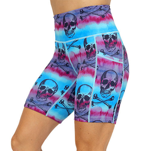 side view of blue, purple and pink watercolor and skull design on 7 inch shorts