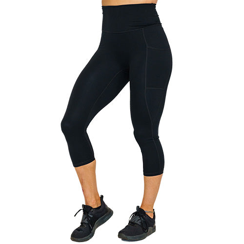 front view of capri length solid black leggings