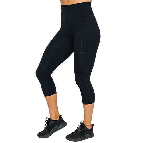 front view of capri length solid black leggings