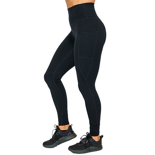 side view of full length solid black leggings