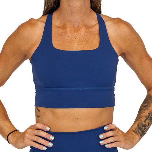 front view of solid navy sports bra