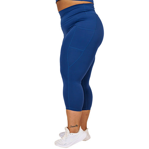 side view of capri solid navy blue leggings