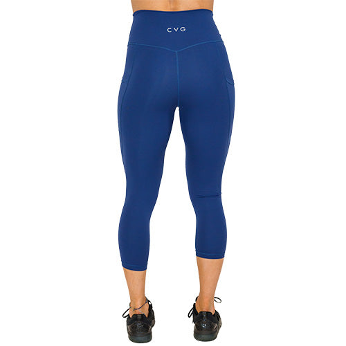 back view of capri solid navy blue leggings