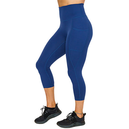 side view of capri solid navy blue leggings