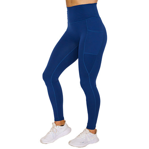 front view of full length solid navy blue leggings
