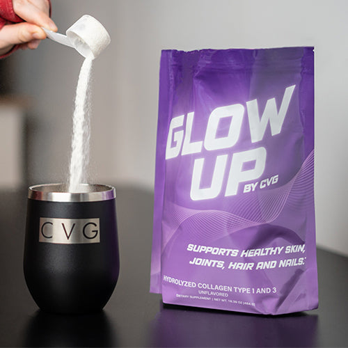 glow up collagen purple bag packaging and a cvg black tumbler filled with collagen 