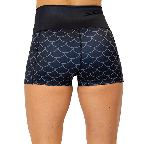 back view of black and grey scale patterned 2.5 inch shorts