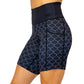 side view of black and grey scale patterned 5 inch shorts