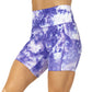 front view of 5 inch purple colored tie dye shorts