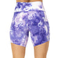 back view of 5 inch purple colored tie dye shorts
