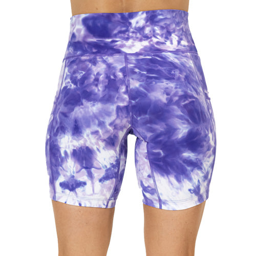 back view of 7 inch purple colored tie dye shorts
