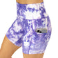 side pocket view of purple colored tie dye shorts