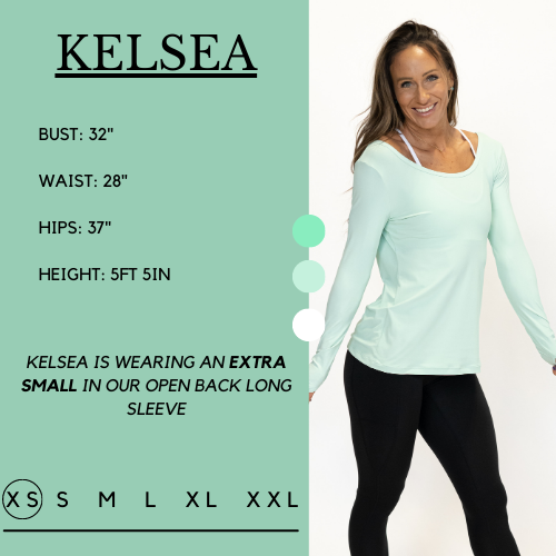Graphic showing the measurements of a model and what size she wears for the open back long sleeve. Her bust is 32 inches, waist is 28 inches, hips are 37 inches, and height is 5 foot and 5 inches. She wears an extra small in the open back long sleeve