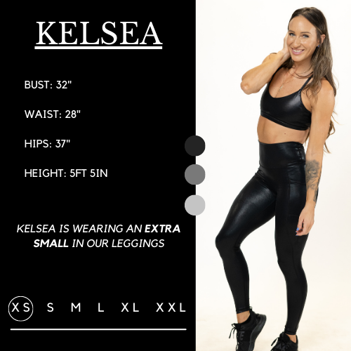 Model wearing the leggings and matching sports bra and her measurements of 32 inch bust, 28 inch waist, 37 inch hips, and height of 5 foot 5 inches. She is wearing a size extra small in the leggings.