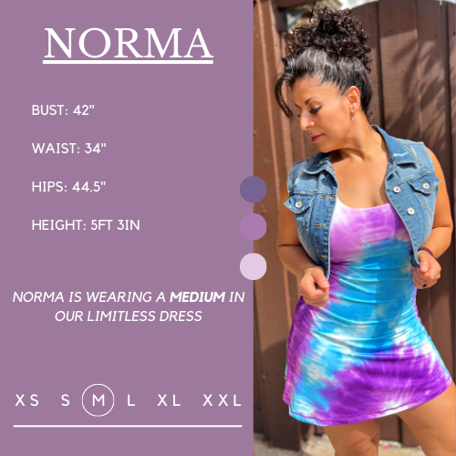 Graphic showing the measurements of a model and what size she wears for the dress. Her bust is 42 inches, waist is 34 inches, hips are 44.5 inches, and height is 5 foot and 5 inches. She wears a medium in the dress