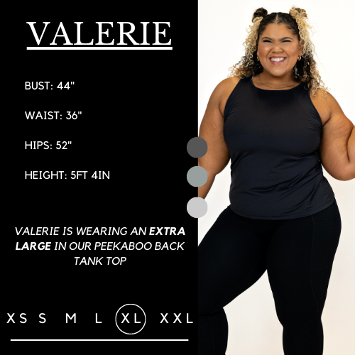 Graphic of a model showing her measurements and what size she wears for the tank Her bust is 44 inches, waist is 36 inches, hips are 52 inches, and height is 5 feet and 4 inches. She wears an extra large in the tank 