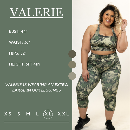 Model wearing leggings and matching longline bra and her measurements of 44 inch bust, 36 inch waist, 52 inch hips, and height of 5 foot 4 inches. She is wearing a size extra large in the leggings.