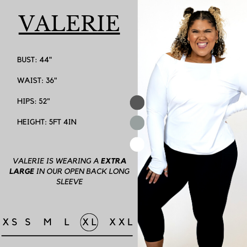 Graphic of a model showing her measurements and what size she wears for the open back long sleeve. Her bust is 44 inches, waist is 36 inches, hips are 52 inches, and height is 5 feet and 4 inches. She wears an extra large in the open back long sleeve