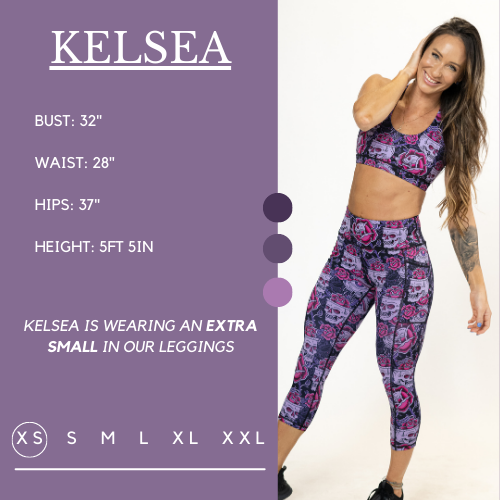 Model wearing leggings and matching bra and her measurements of 32 inch bust, 28 inch waist, 37 inch hips, and height of 5 foot 5 inches. She is wearing a size extra small in the leggings.