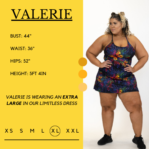 Graphic of a model showing her measurements and what size she wears for the dress. Her bust is 44 inches, waist is 36 inches, hips are 52 inches, and height is 5 feet and 4 inches. She wears an extra large in the dress