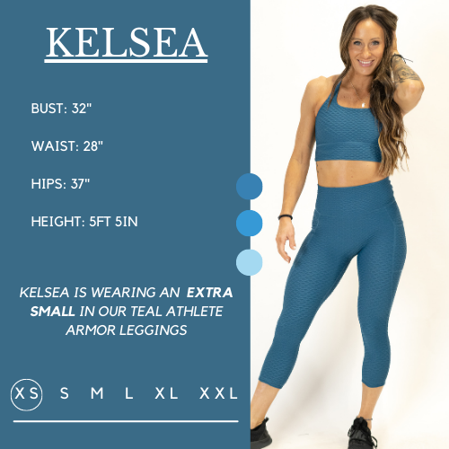 Model wearing teal athlete armor leggings and bra and her measurements of 32 inch bust, 28 inch waist, 37 inch hips, and height of 5 foot 5 inches. She is wearing a size extra small in the teal athlete armor leggings.