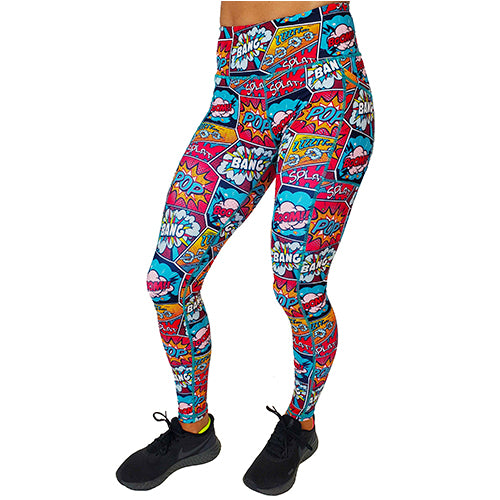 full length colorful comic book style action bubble sayings patterned leggings