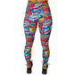 back view of full length colorful comic book style action bubble sayings patterned leggings