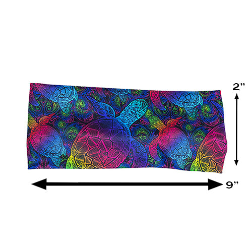 pink, yellow, blue, green and purple ombre turtle print headband measurements 2 by 9 inches